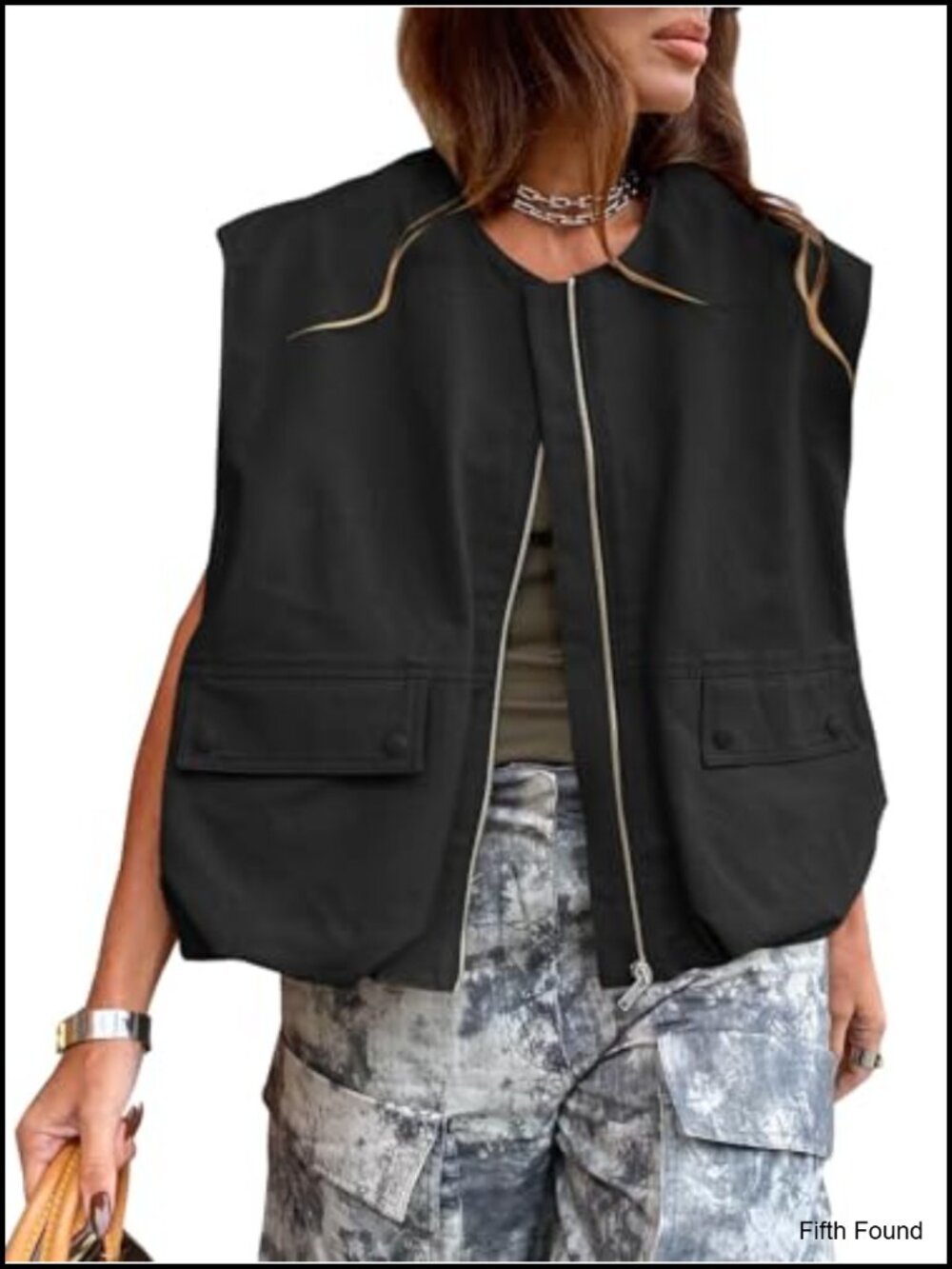 Womens Oversized Cargo Vest Zip-Up Sleeveless Jacket Streetwear